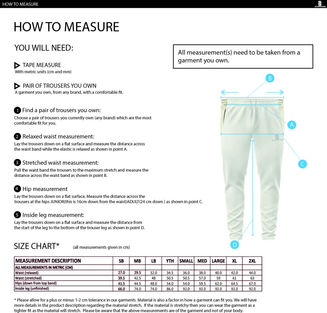 Three Spires Cricket Academy - Blade Playing Pant - Size Guide