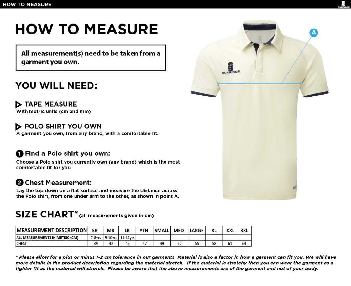 Three Spires Cricket Academy - Ergo Cricket Shirt - Short Sleeve - Size Guide