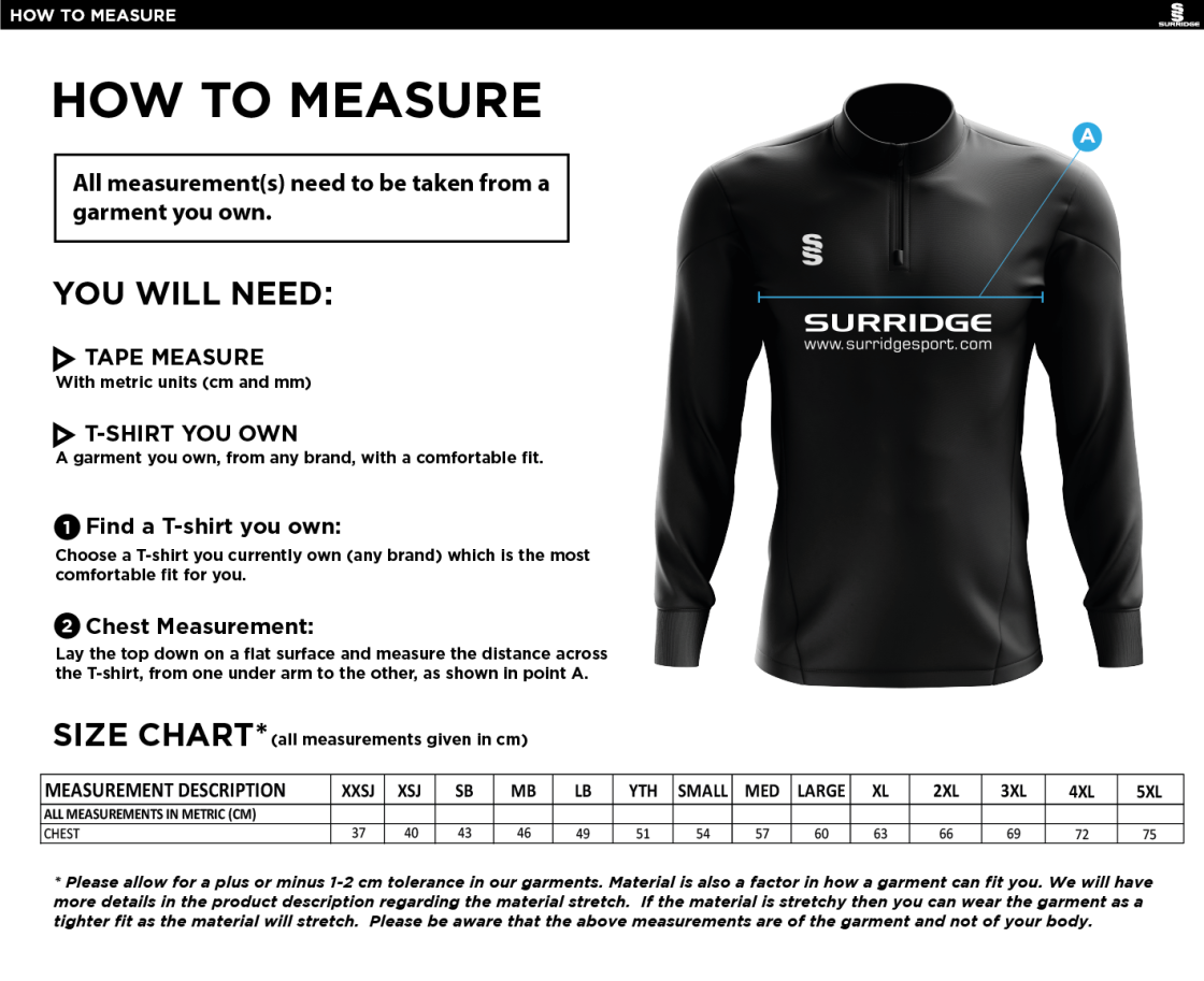 BTEC Sport - 1/4 Zip Dual Performance Top - Size Guide